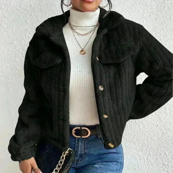 Jackets & Blazers - Black Casual Women's Flap Detail Button Front Flannel Jacket